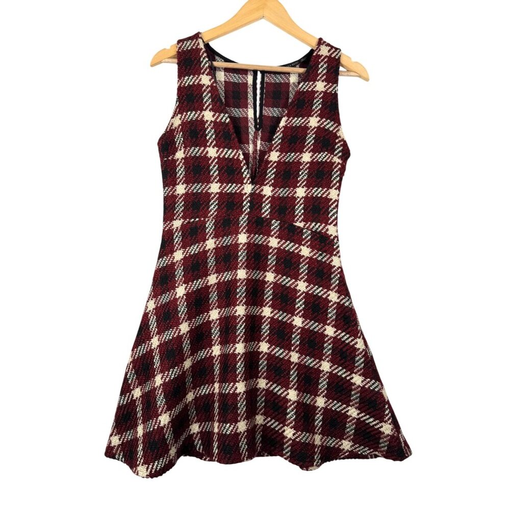 Zara Tweed plaid skater dress red cream 90s Y2K sz S‎